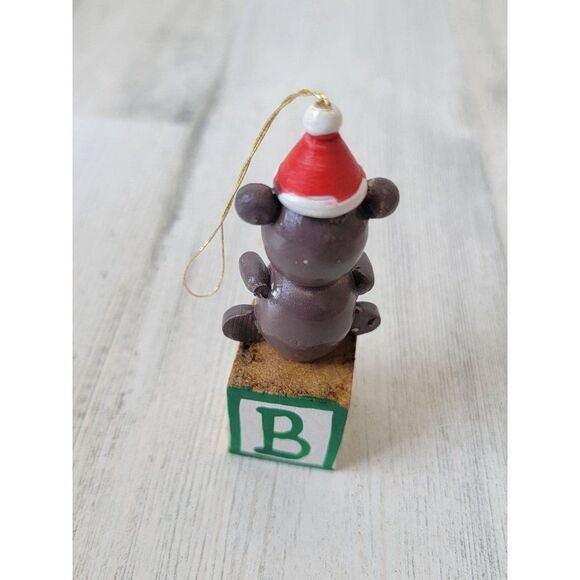 Vintage wooden Teddy Bear Block Christmas hat ornament Xmas decor - Picture 3 of 5